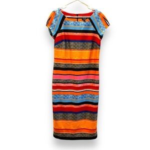 Beige by eci Multi Stripe Floral Print Scuba | Orange, Bule, Grey | Midi Size 10